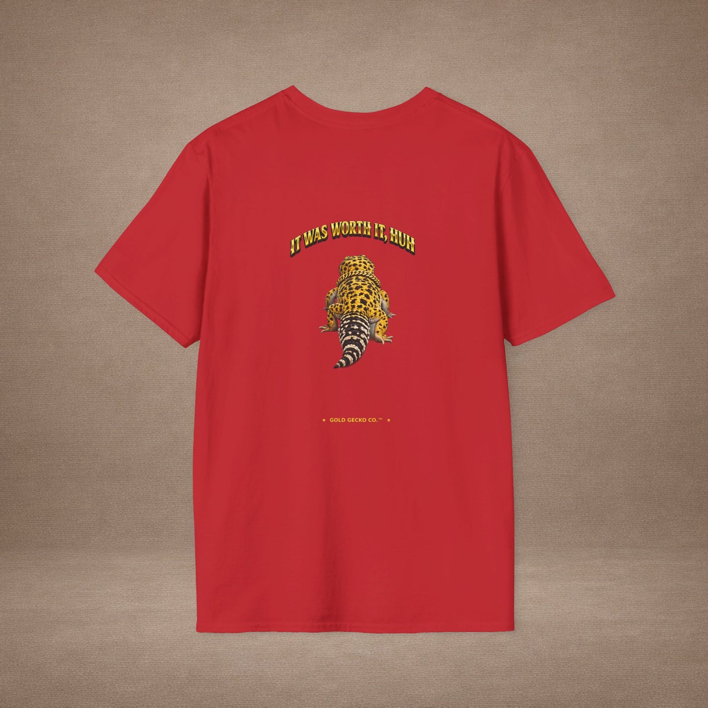 DESIGN #22-2 Wait For It... Standing Leopard Gecko Tee (Front & Back) Gold Letters