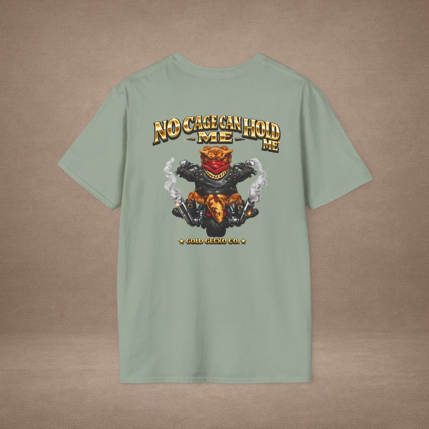 DESIGN #37 No Cage Can Hold Me — Chopper Gecko Tee (Front & Back) Gold Lettering