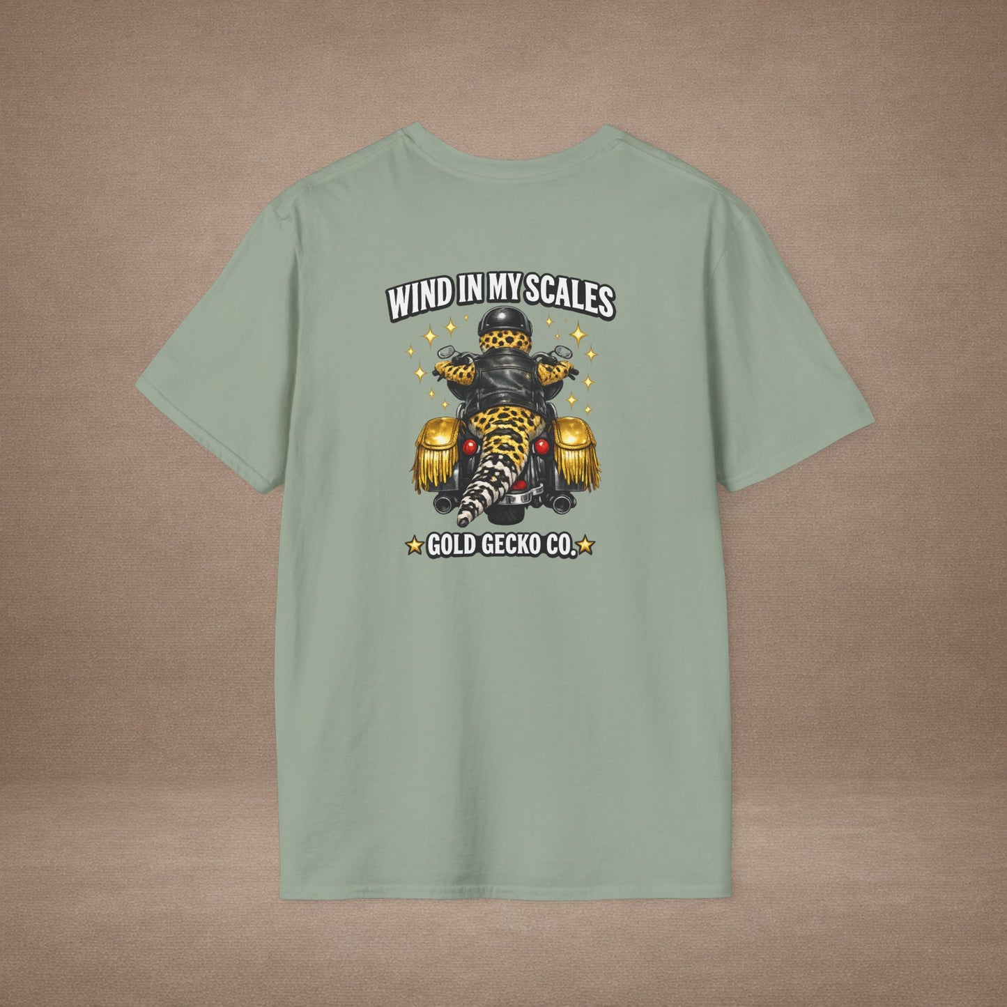 DESIGN #38 Wind in My Scales — Bagger Gecko Tee (Front & Back) Golden Letters