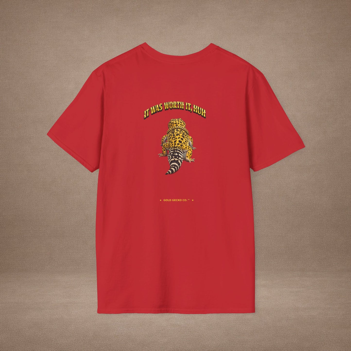 DESIGN #21 Wait For It... Lounging Leopard Gecko Tee (Front & Back) - Gold Lettering