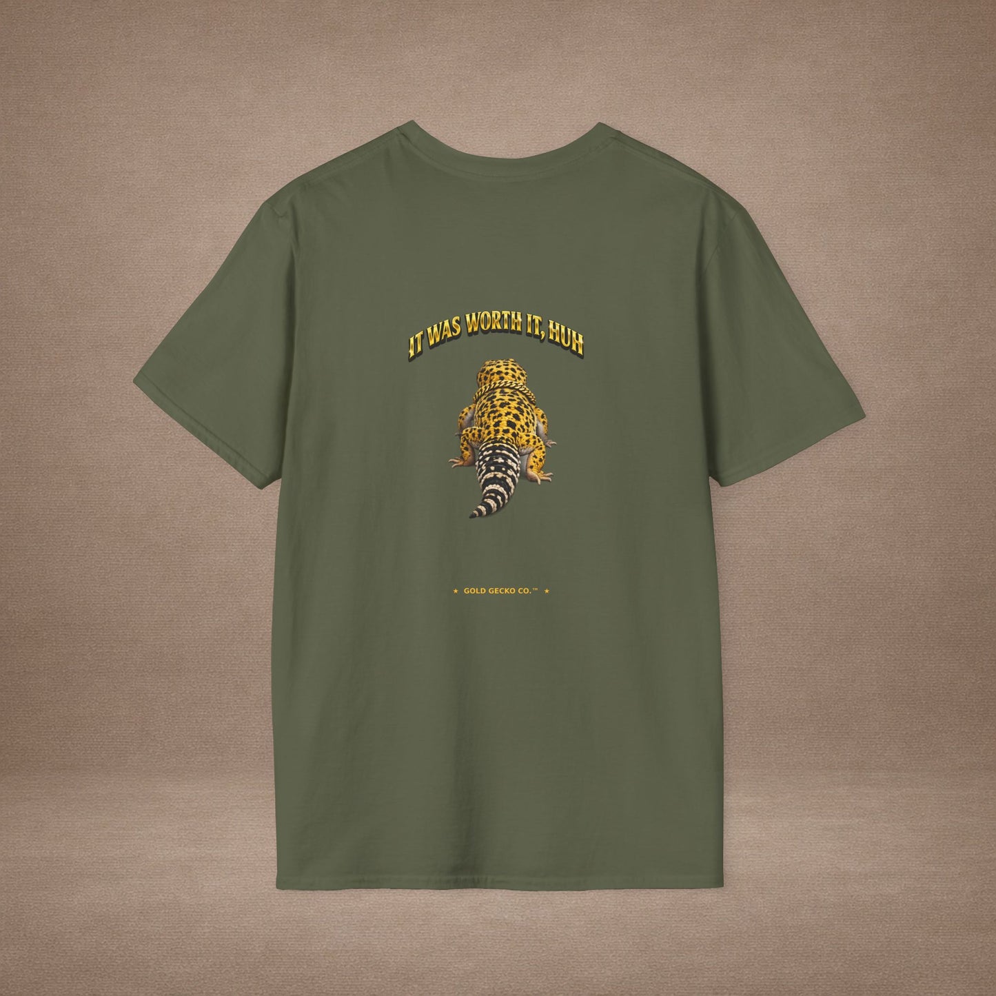 DESIGN #21-1 Wait For It... Lounging Leopard Gecko Tee (Front & Back) Gold Lettering