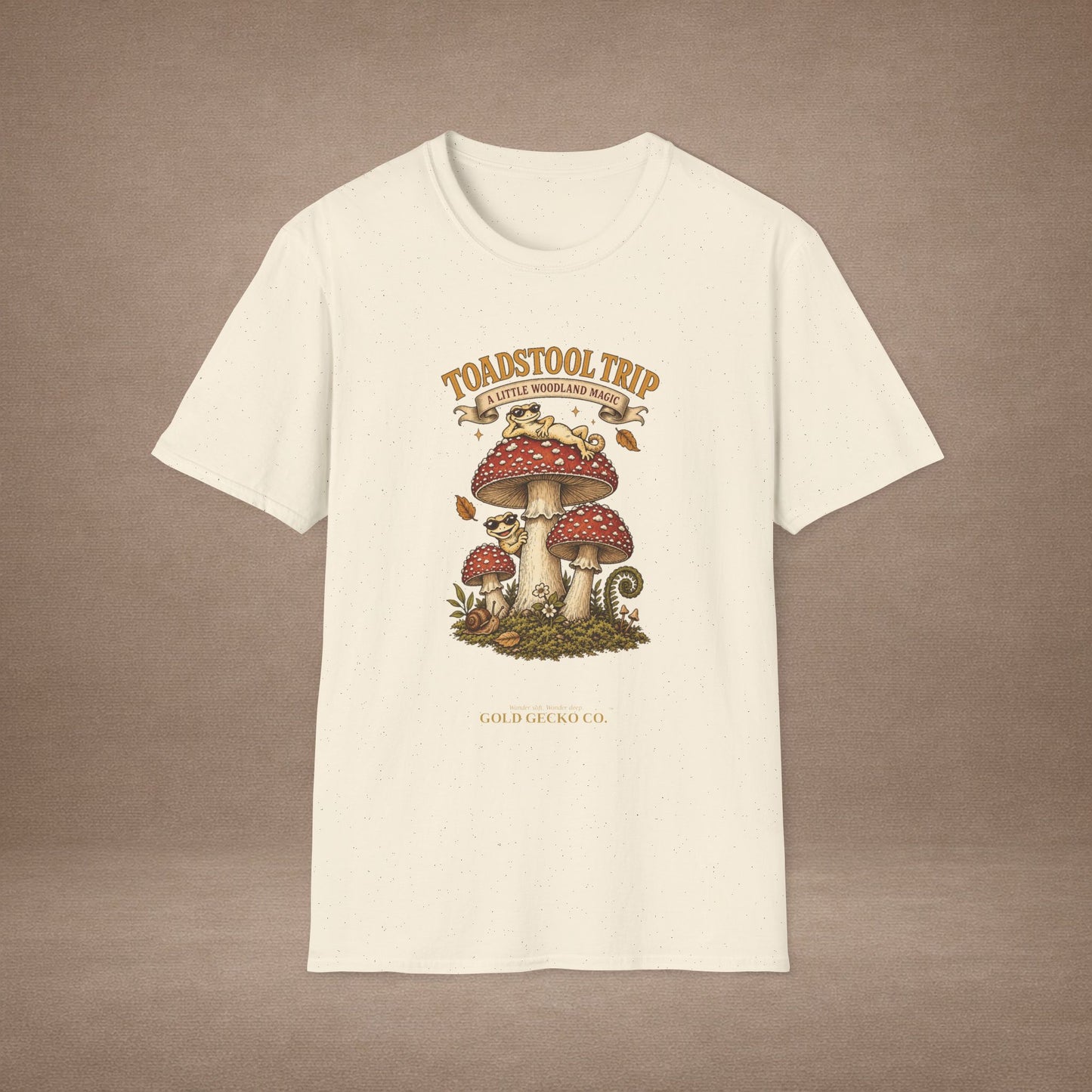Toadstool Trip cottagecore mushroom & gecko t-shirt — Gold Gecko Co.