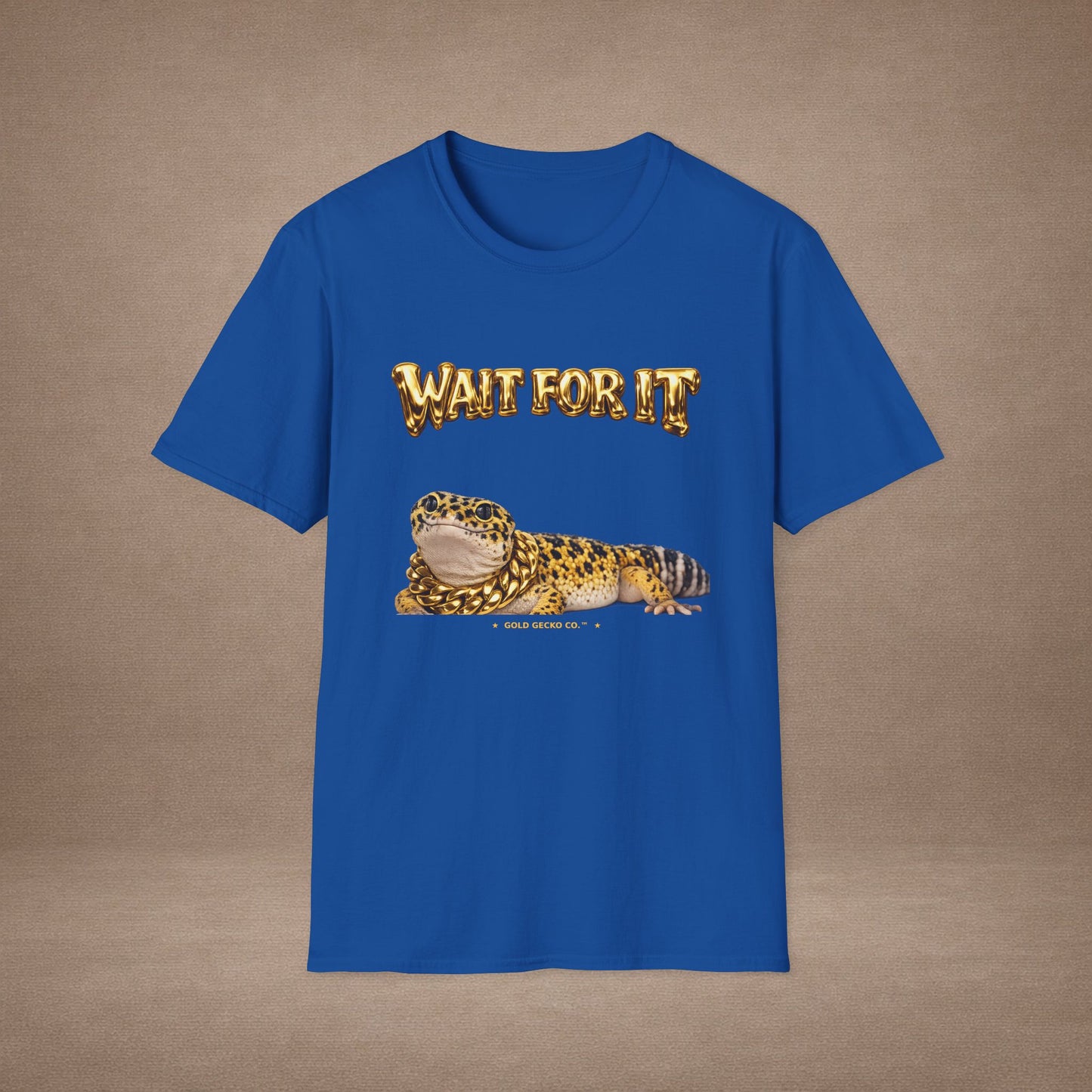 DESIGN #21 Wait For It... Lounging Leopard Gecko Tee (Front & Back) - Gold Lettering