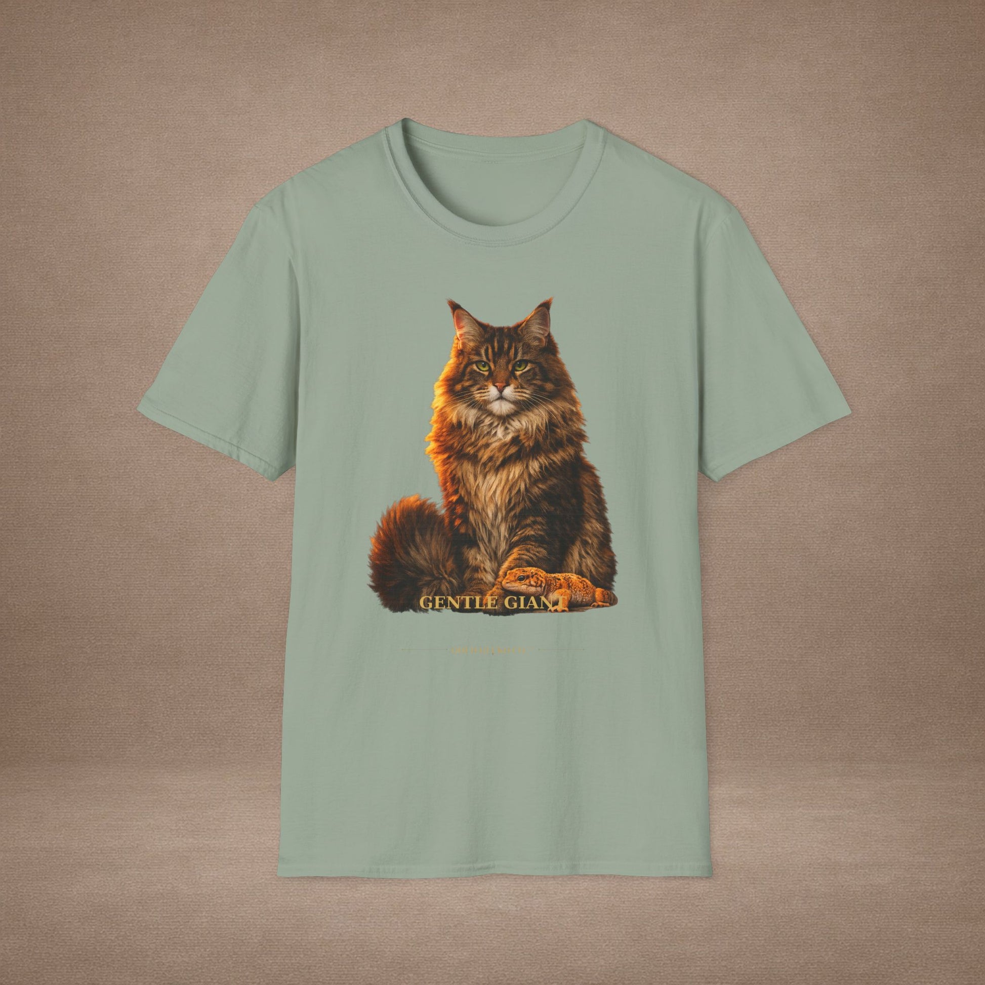 Maine Coon — Gentle Giant — photoreal cat breed portraits paired with tiny gecko compani. Gold Gecko Co. Cats & Geckos collection.