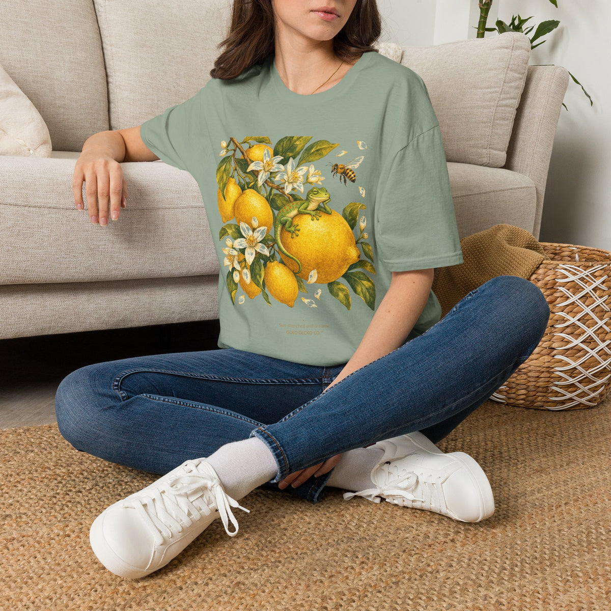 Citrus Grove Gecko cottagecore watercolor T-shirt from Gold Gecko Co. — gecko in a sunlit Mediterranean citrus grove of lemons and oranges.