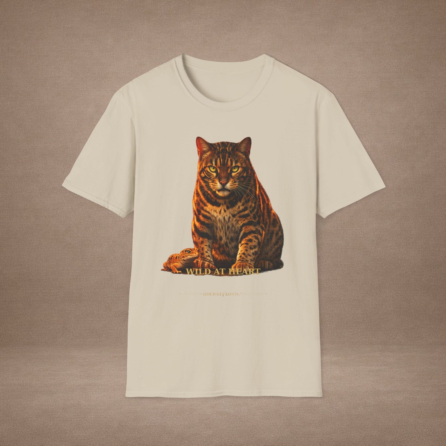 Bengal — Wild At Heart — photoreal cat breed portraits paired with tiny gecko compani. Gold Gecko Co. Cats & Geckos collection.