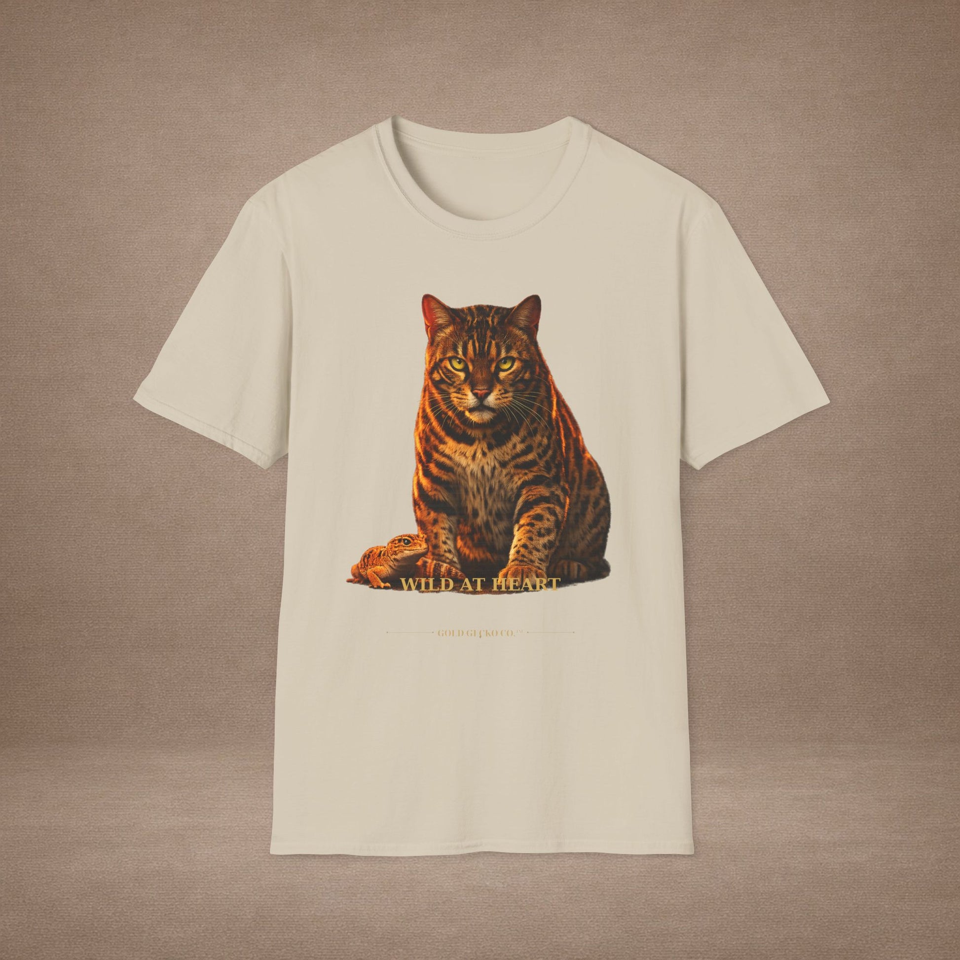 Bengal — Wild At Heart — photoreal cat breed portraits paired with tiny gecko compani. Gold Gecko Co. Cats & Geckos collection.