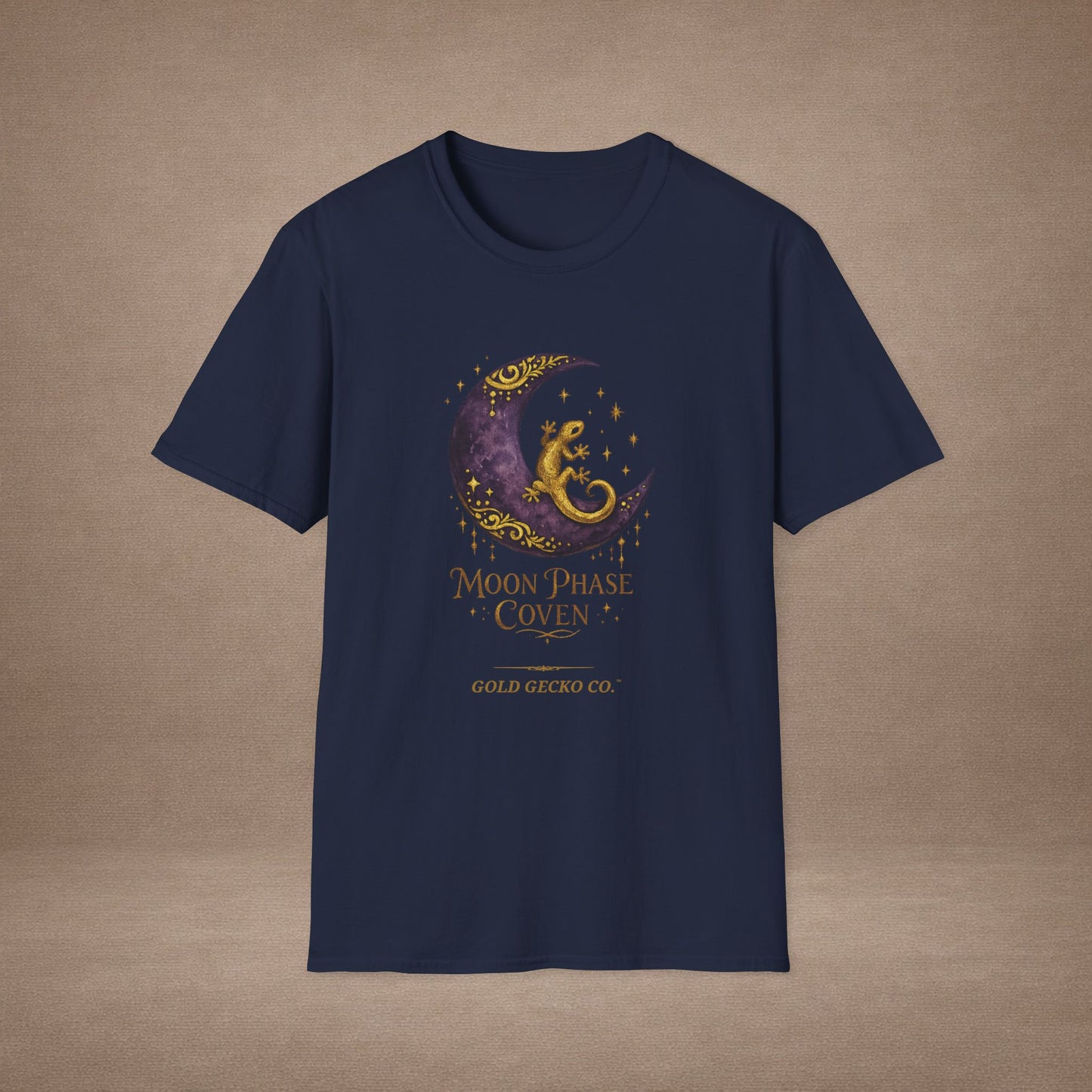 Moon Phase Coven gecko t-shirt with Coven Banner back — Gold Gecko Co. Moon & Mystic collection