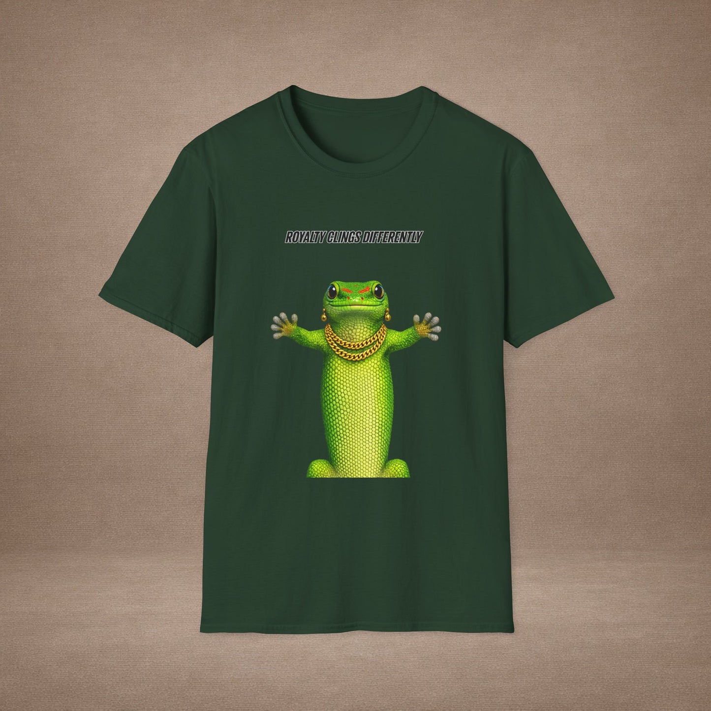 DESIGN #2-1 Royalty Clings Differently — Day Gecko Tee - (Black Letters)
