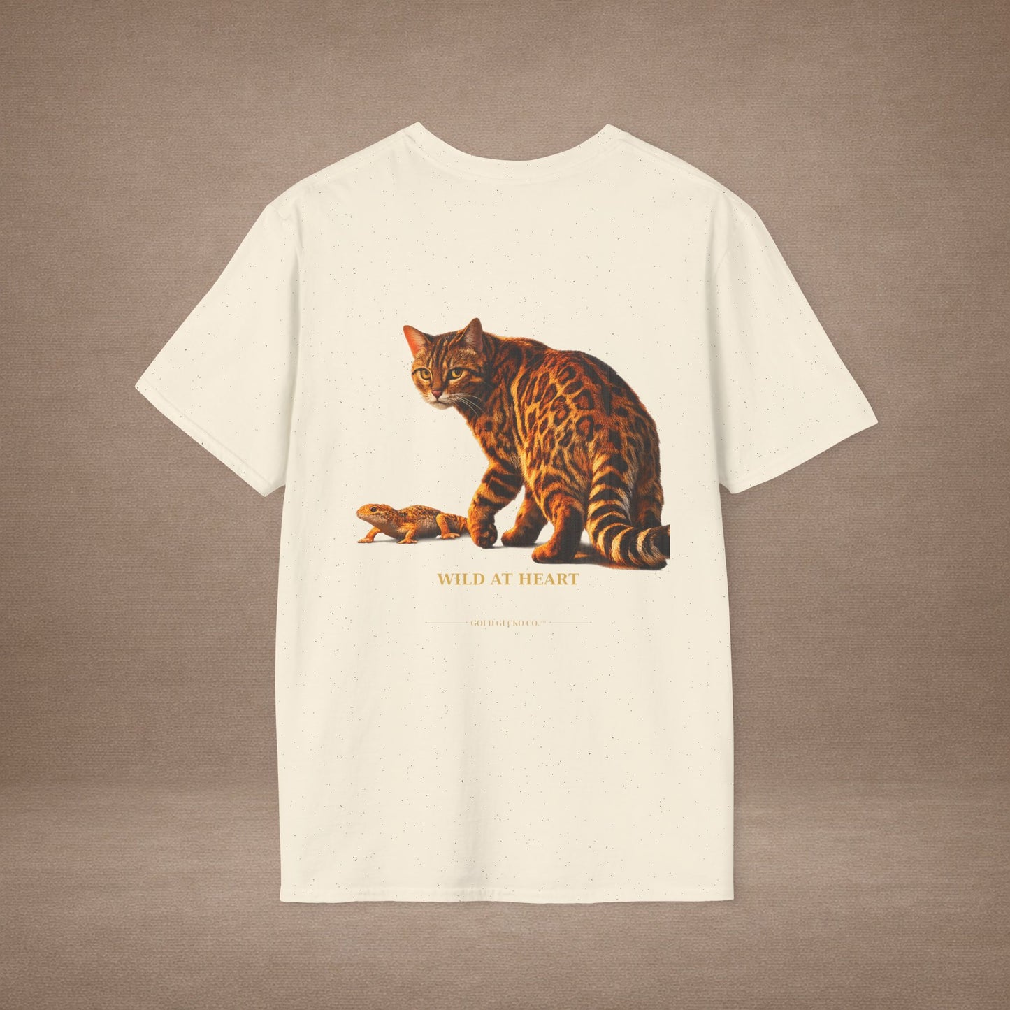 Bengal — Wild At Heart — photoreal cat breed portraits paired with tiny gecko compani. Gold Gecko Co. Cats & Geckos collection.