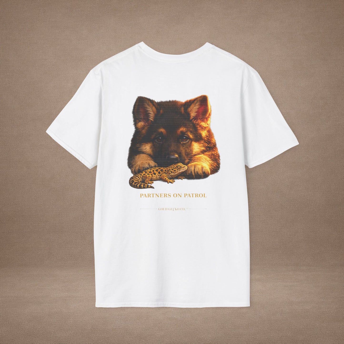 German Shepherd — Partners On Patrol — cinematic photoreal portraits of beloved dog breeds paired w. Gold Gecko Co. Puppies & Geckos collection.