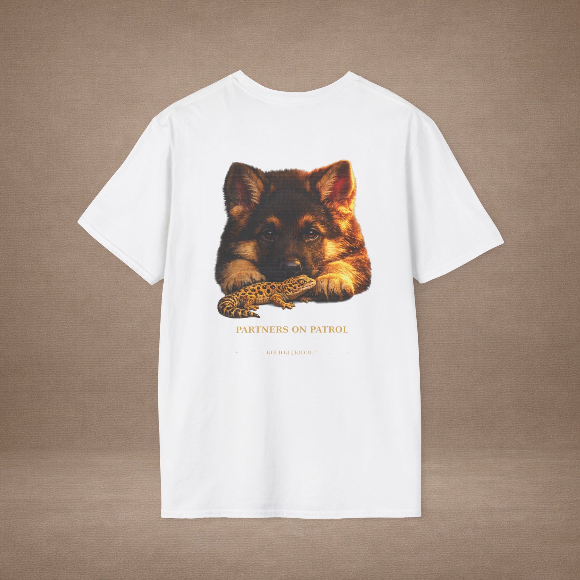 German Shepherd — Partners On Patrol — cinematic photoreal portraits of beloved dog breeds paired w. Gold Gecko Co. Puppies & Geckos collection.
