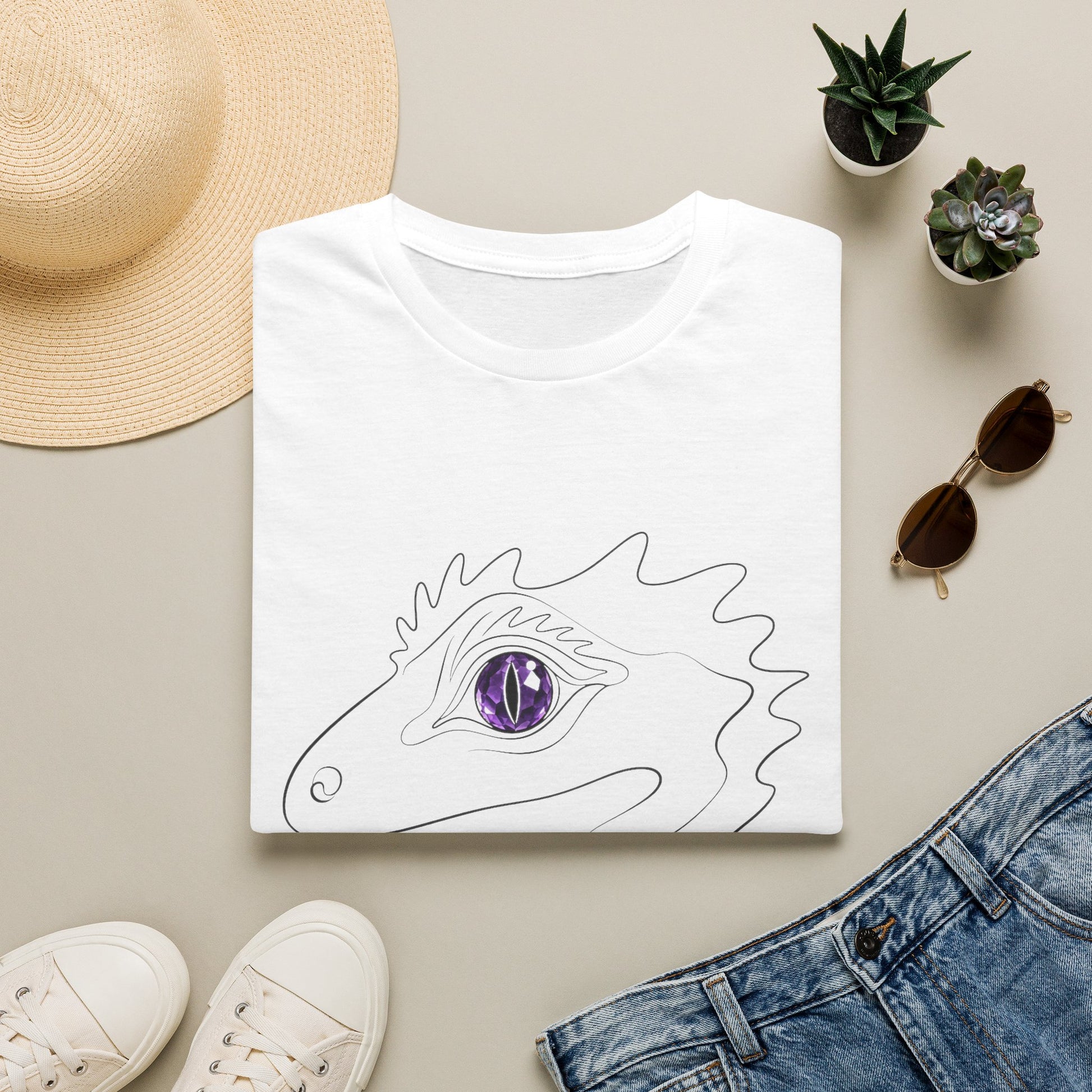 Amethyst Crested Gecko single-line art with amethyst purple gem eye — Gold Gecko Co. Line & Gold collection (Light)