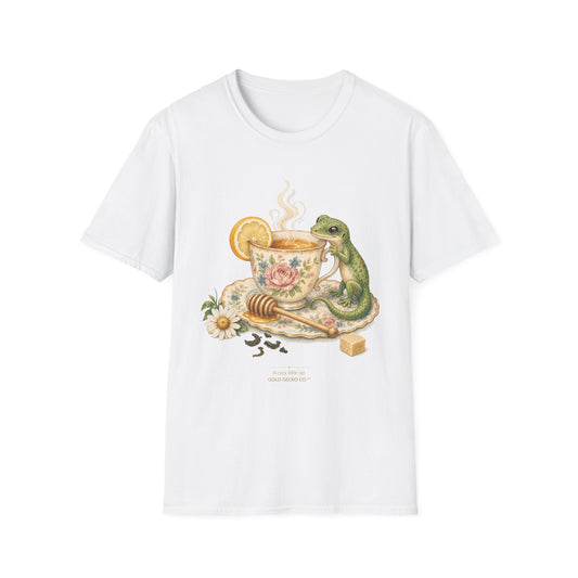 Tea Time Gecko cottagecore watercolor T-shirt from Gold Gecko Co. — gecko sipping from a floral teacup among daisies and lavender.