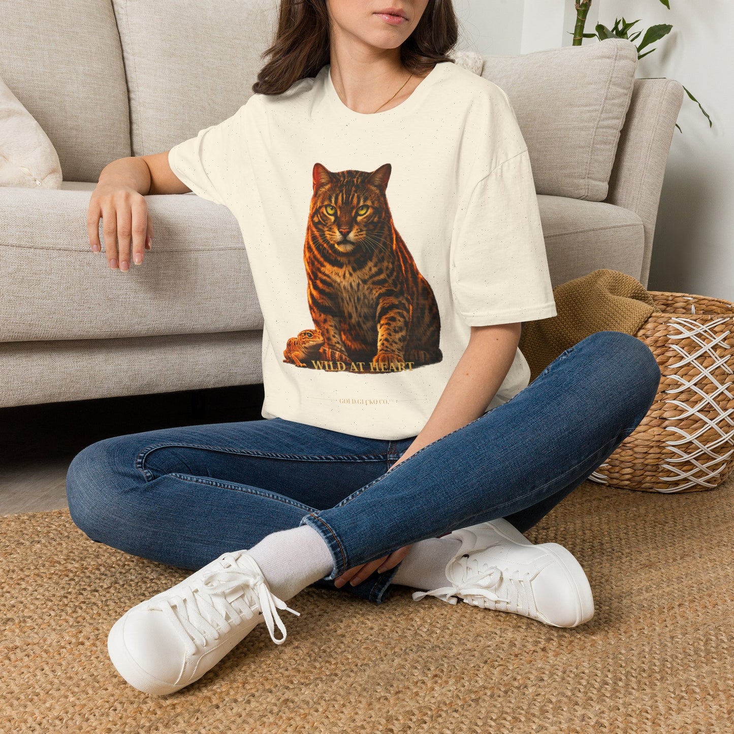 Bengal — Wild At Heart — photoreal cat breed portraits paired with tiny gecko compani. Gold Gecko Co. Cats & Geckos collection.