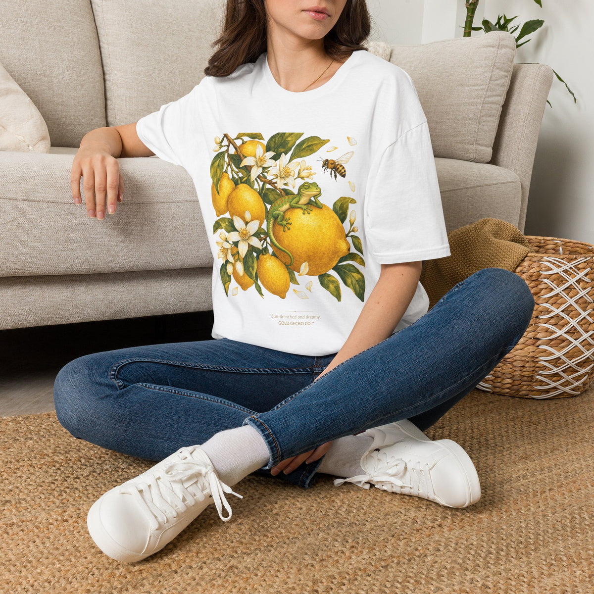 Citrus Grove Gecko cottagecore watercolor T-shirt from Gold Gecko Co. — gecko in a sunlit Mediterranean citrus grove of lemons and oranges.