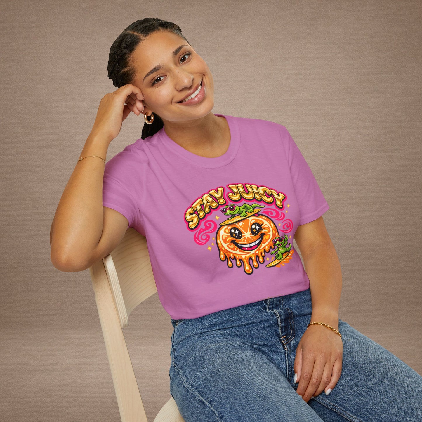 Stay Juicy retro chrome orange & gecko graphic t-shirt — Gold Gecko Co.