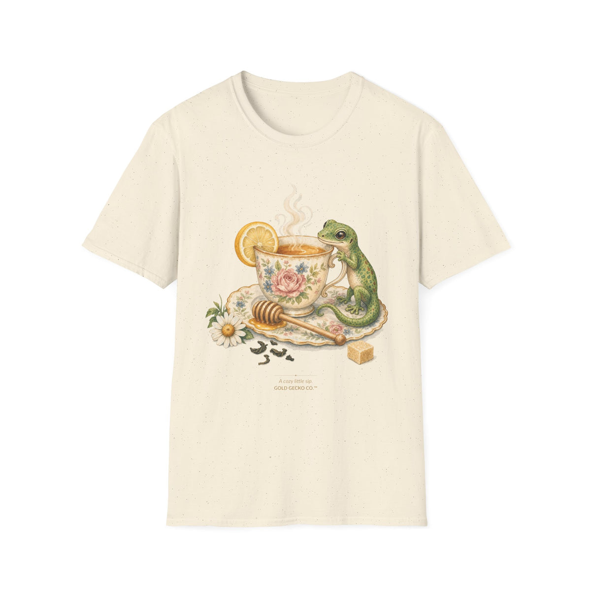 Tea Time Gecko cottagecore watercolor T-shirt from Gold Gecko Co. — gecko sipping from a floral teacup among daisies and lavender.