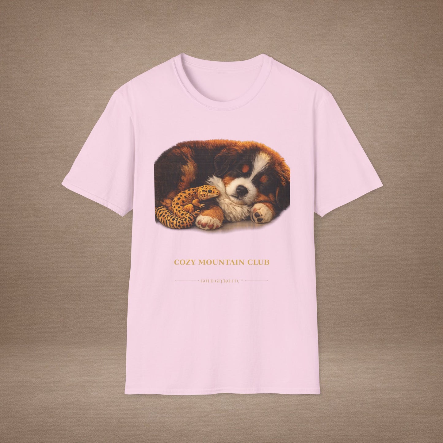 Bernese Mountain Dog — Cozy Mountain Club — cinematic photoreal portraits of beloved dog breeds paired w. Gold Gecko Co. Puppies & Geckos collection.