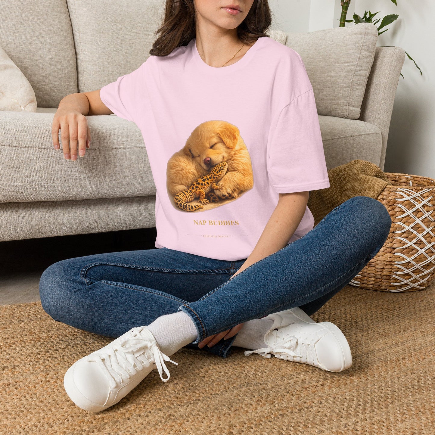 Golden Retriever — Nap Buddies — cinematic photoreal portraits of beloved dog breeds paired w. Gold Gecko Co. Puppies & Geckos collection.