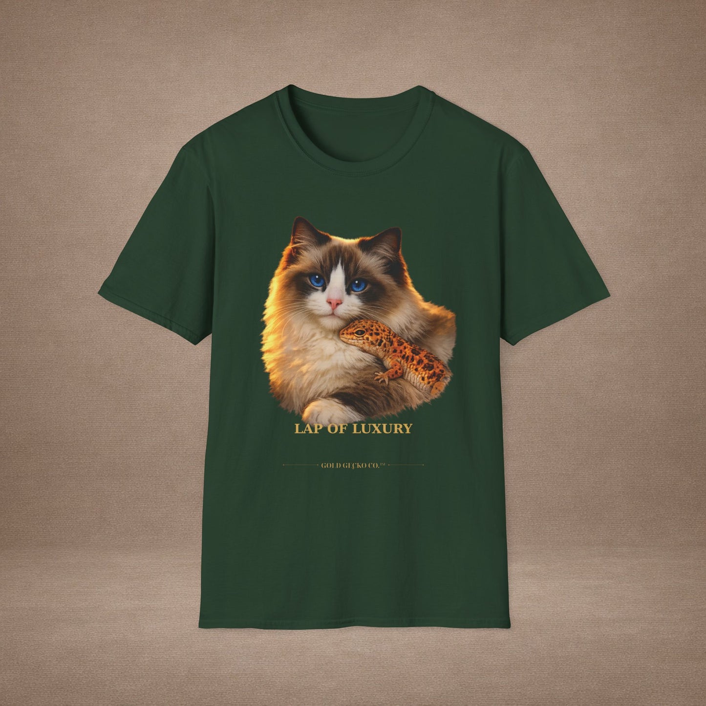 Ragdoll — Lap Of Luxury — photoreal cat breed portraits paired with tiny gecko compani. Gold Gecko Co. Cats & Geckos collection.