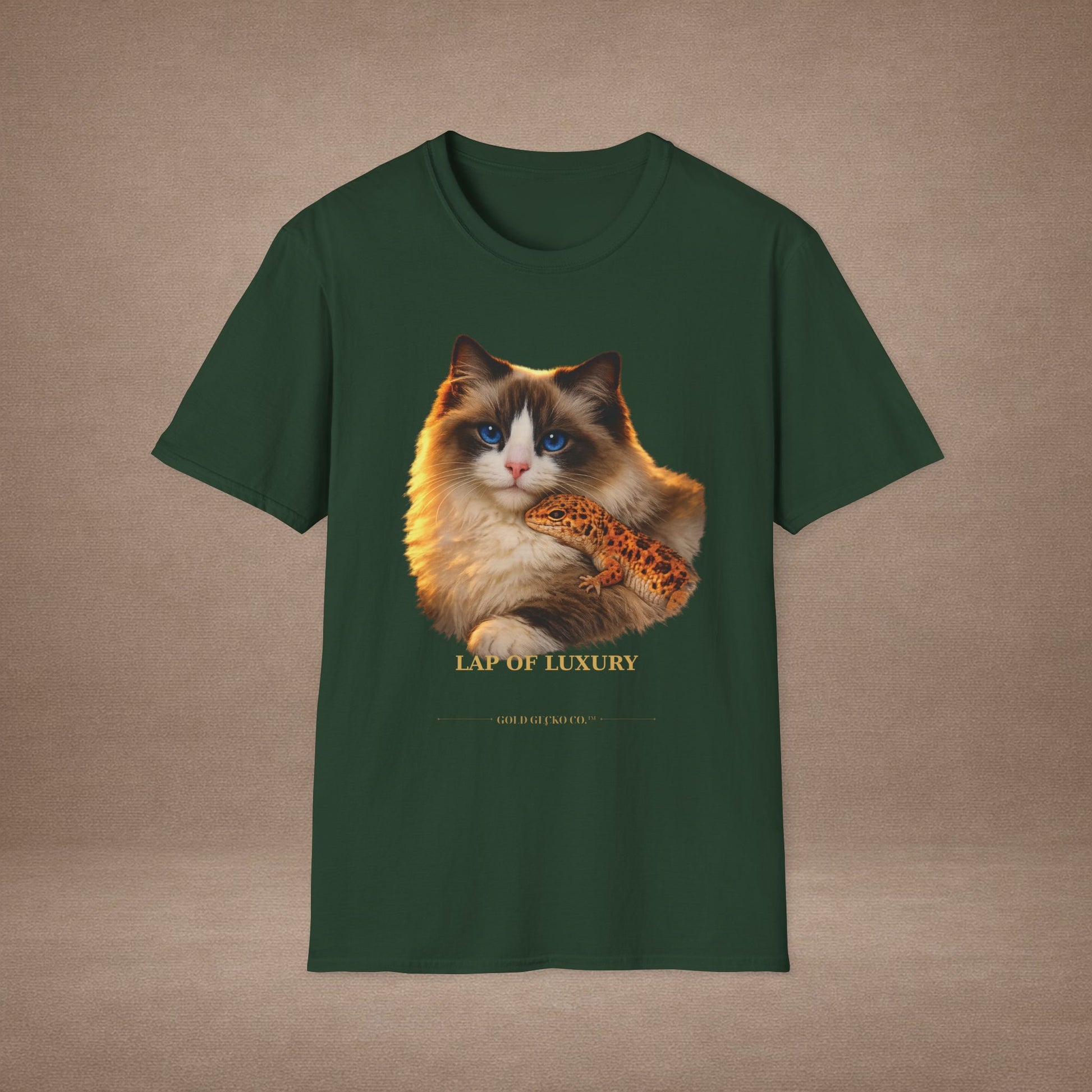 Ragdoll — Lap Of Luxury — photoreal cat breed portraits paired with tiny gecko compani. Gold Gecko Co. Cats & Geckos collection.