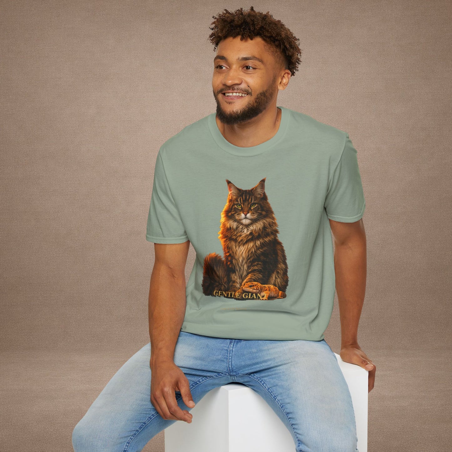 Maine Coon — Gentle Giant — photoreal cat breed portraits paired with tiny gecko compani. Gold Gecko Co. Cats & Geckos collection.