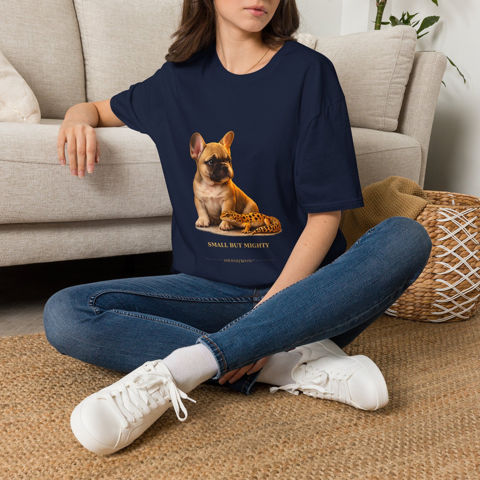 French Bulldog — Small But Mighty — cinematic photoreal portraits of beloved dog breeds paired w. Gold Gecko Co. Puppies & Geckos collection.