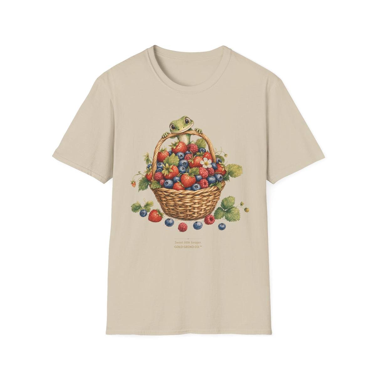 Berry Basket Buddy cottagecore watercolor T-shirt from Gold Gecko Co. — gecko nestled in a woven basket of wild strawberries and blueberries.