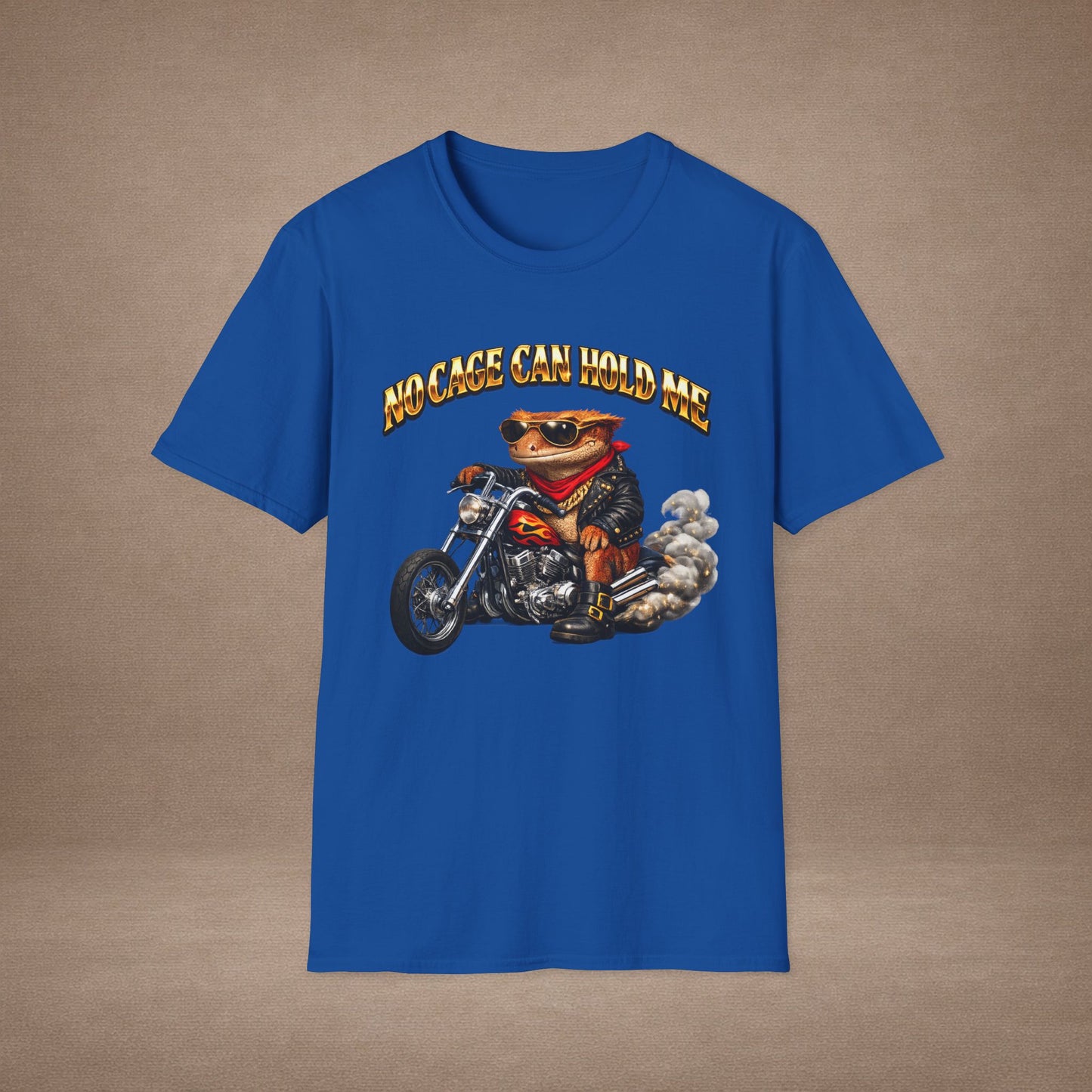 DESIGN #37 No Cage Can Hold Me — Chopper Gecko Tee (Front & Back) Gold Lettering