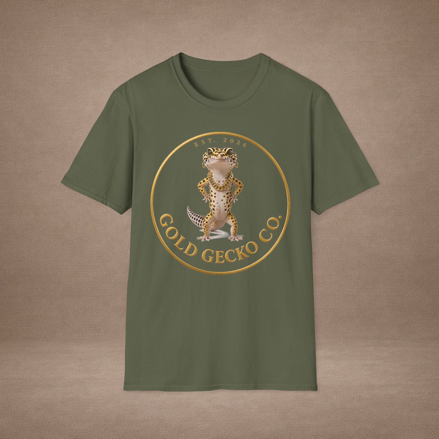 Design # 001  Gold Gecko Co. tm - Signature Logo Tee — Emblem Graphic T-Shirt (Front @ Back)