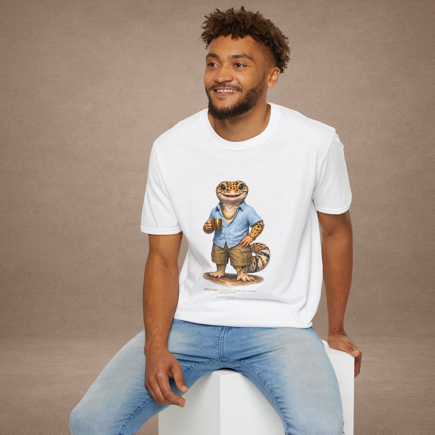 Design #03-2-2 - Coffee Dad (Leopard - Powder Blue Shirt, Gold Mug, Grass)