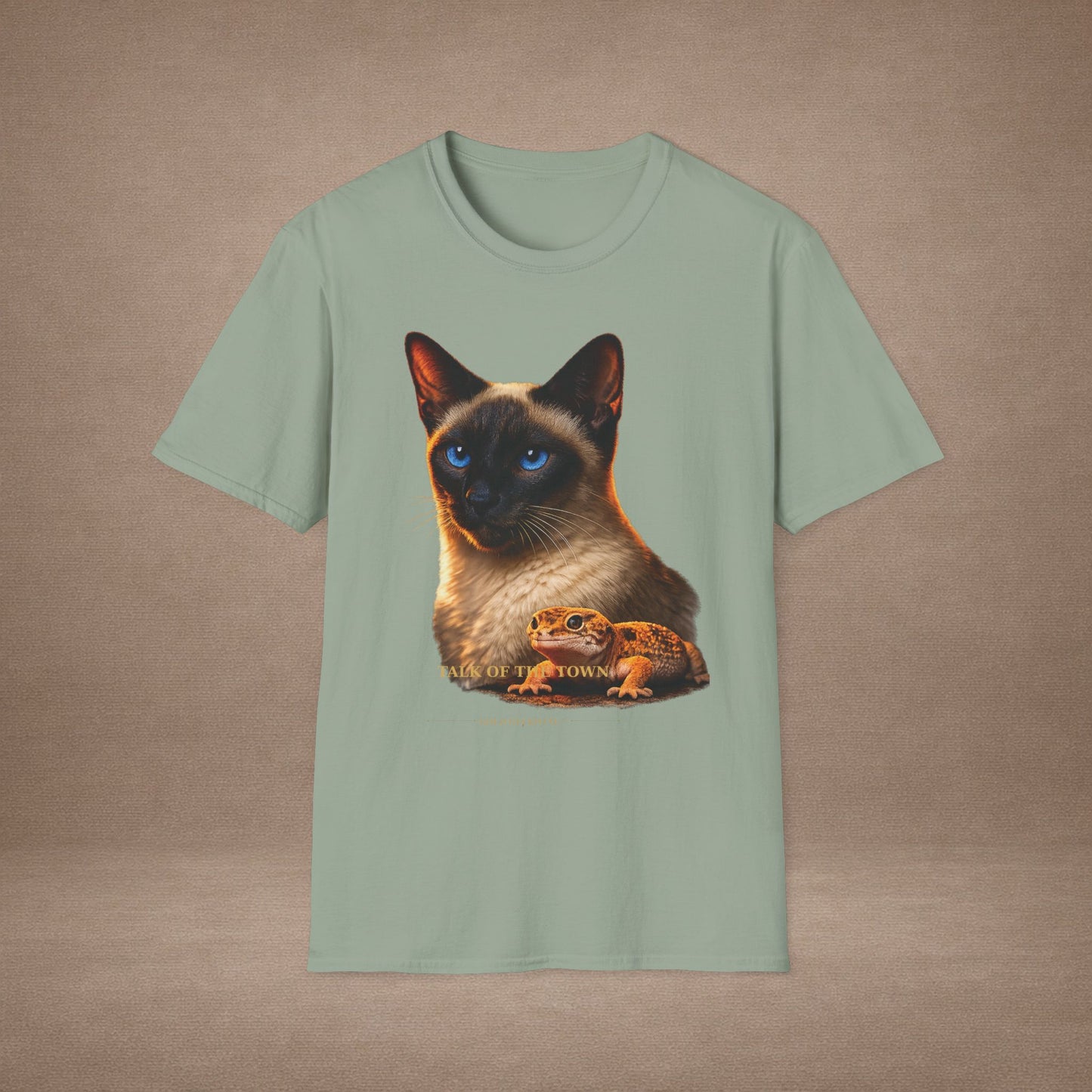 Siamese — Talk Of The Town — photoreal cat breed portraits paired with tiny gecko compani. Gold Gecko Co. Cats & Geckos collection.