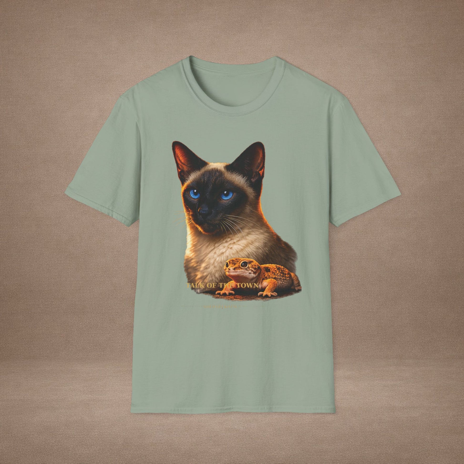 Siamese — Talk Of The Town — photoreal cat breed portraits paired with tiny gecko compani. Gold Gecko Co. Cats & Geckos collection.