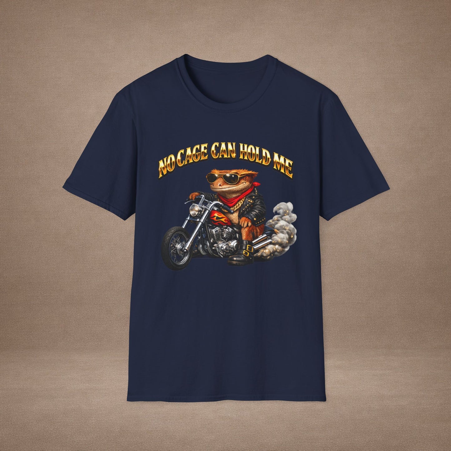 DESIGN #37 No Cage Can Hold Me — Chopper Gecko Tee (Front & Back) Gold Lettering