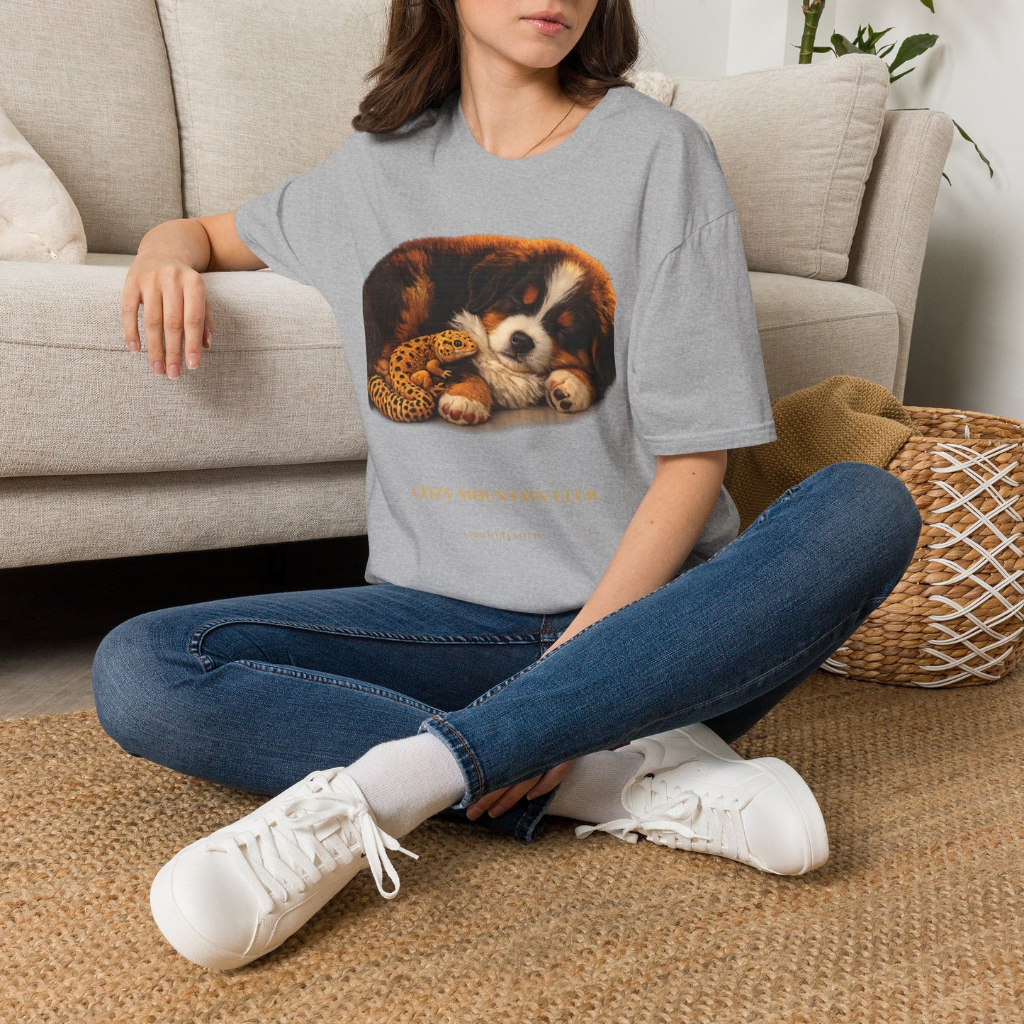 Bernese Mountain Dog — Cozy Mountain Club — cinematic photoreal portraits of beloved dog breeds paired w. Gold Gecko Co. Puppies & Geckos collection.