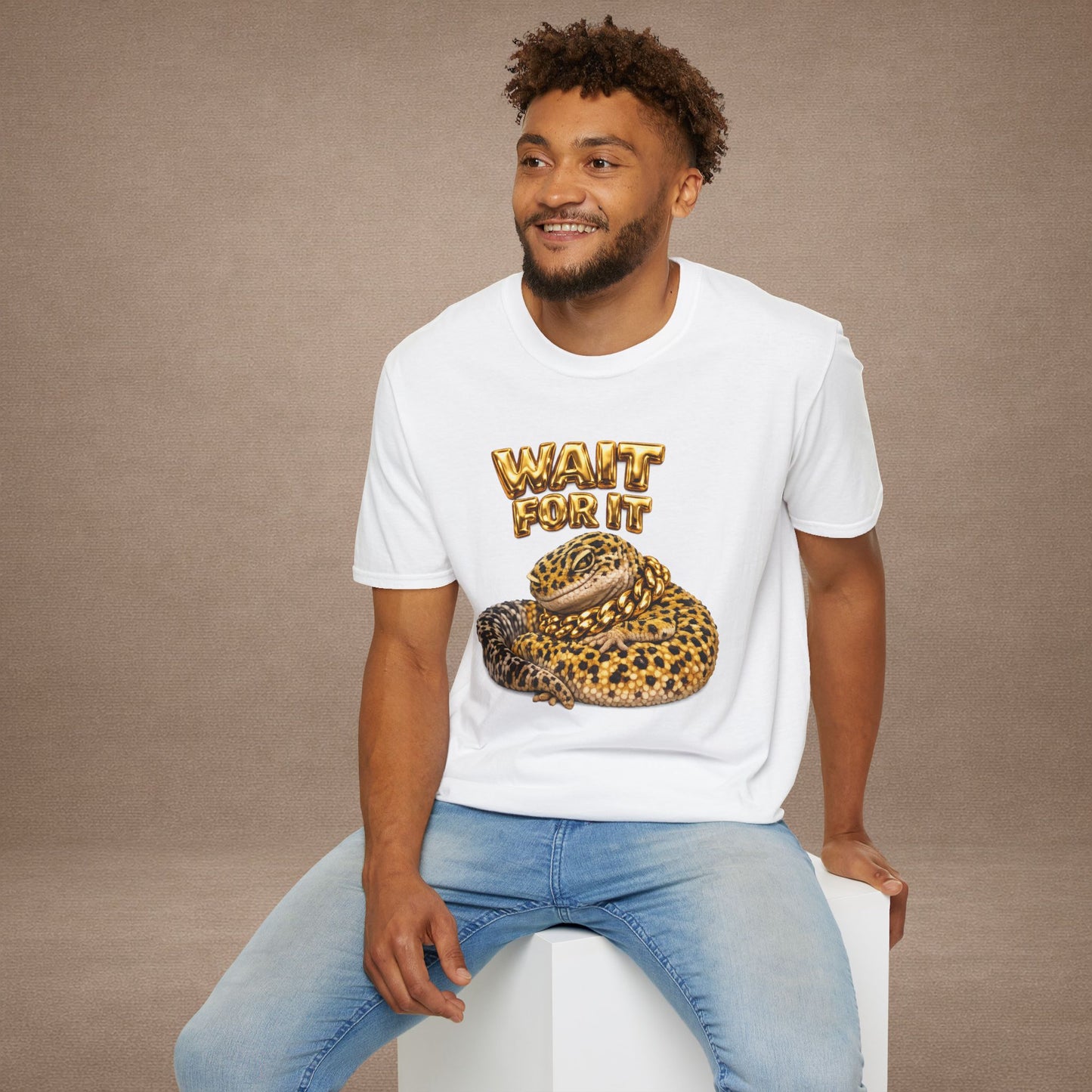 DESIGN #06-1 - Wait For It -  Side-Eye Leopard Gecko Tee (Front & Back)- Gold Letters