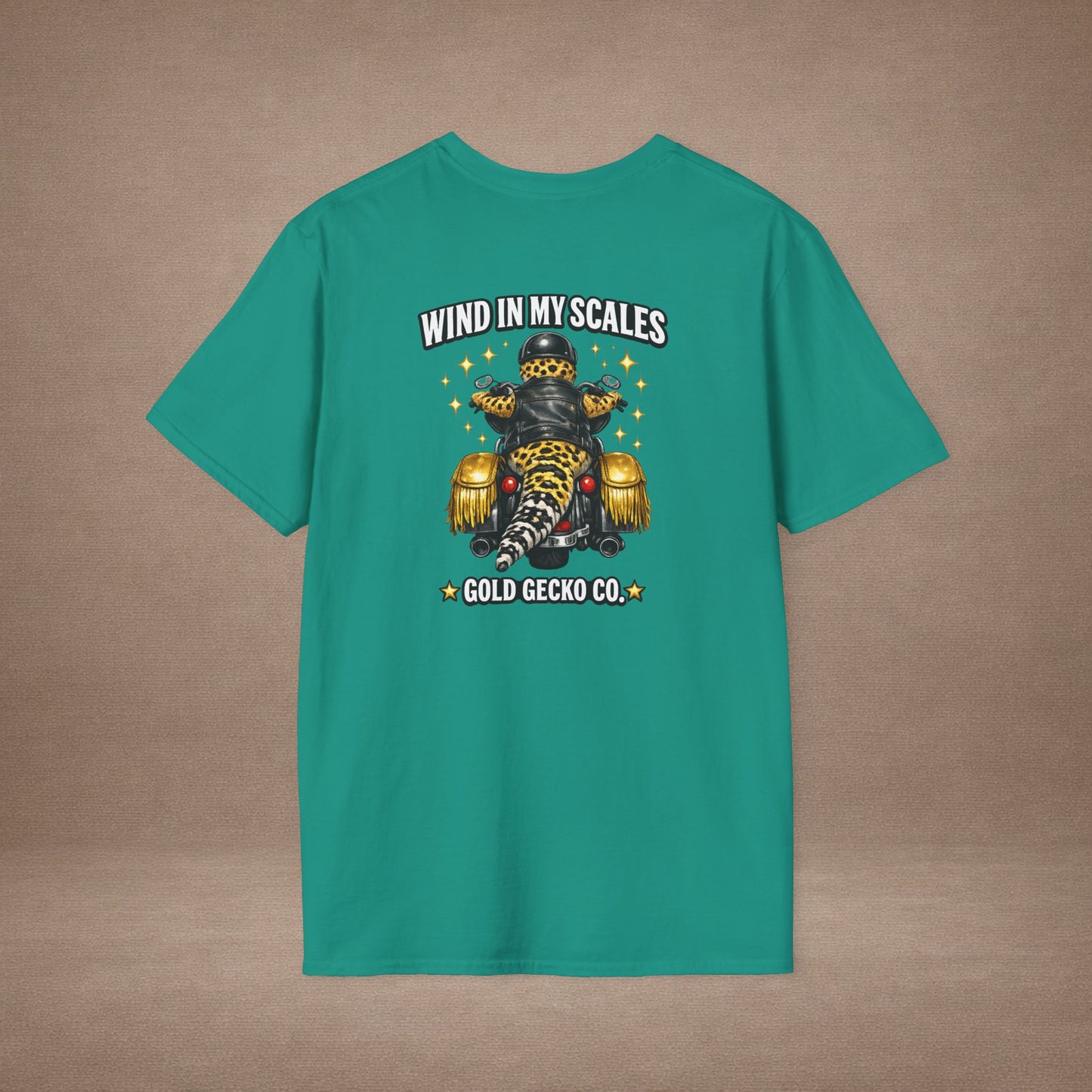 DESIGN #38 Wind in My Scales — Bagger Gecko Tee (Front & Back) Golden Letters