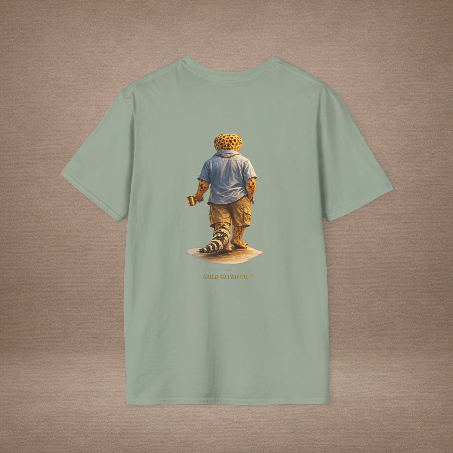 Design #03-2-2 - Coffee Dad (Leopard - Powder Blue Shirt, Gold Mug, Grass)