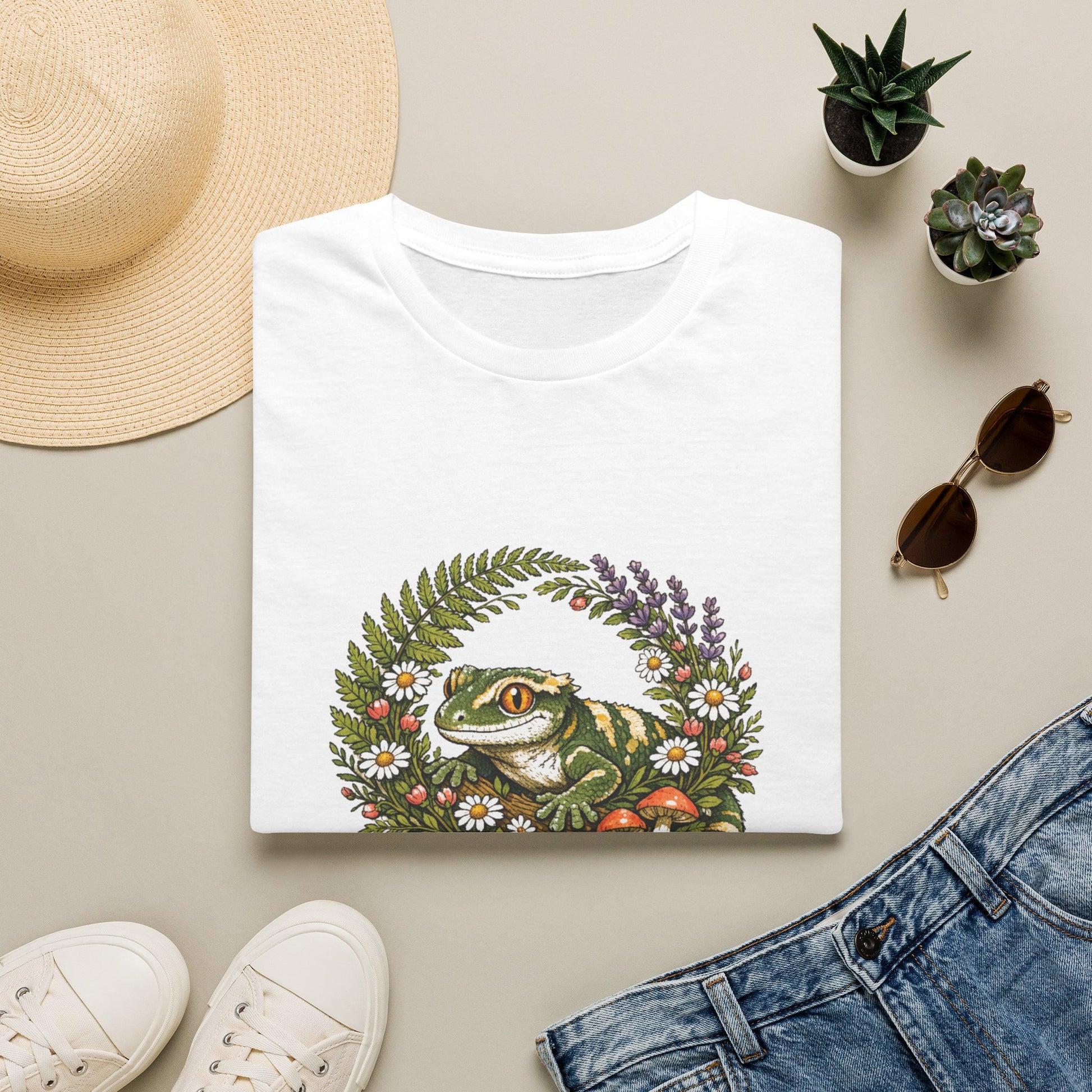 Garden Gecko leopard gecko t-shirt with botanical ferns, mushrooms, and daisies — Gold Gecko Co. cottagecore collection