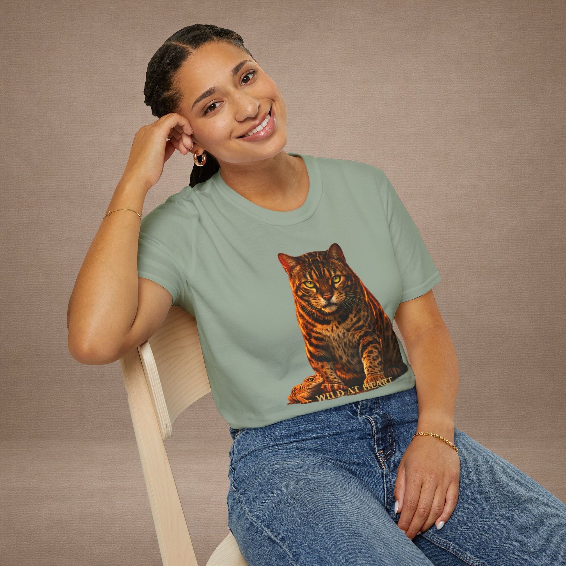 Bengal — Wild At Heart — photoreal cat breed portraits paired with tiny gecko compani. Gold Gecko Co. Cats & Geckos collection.