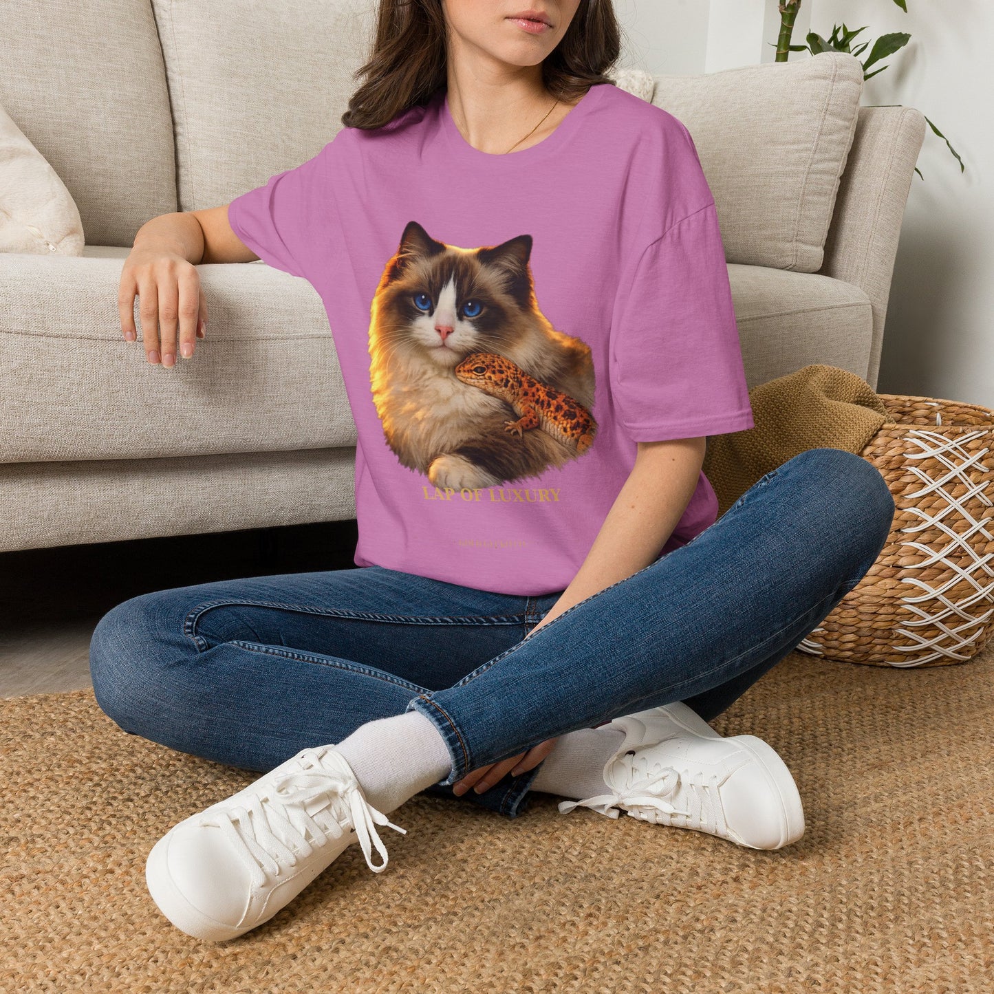 Ragdoll — Lap Of Luxury — photoreal cat breed portraits paired with tiny gecko compani. Gold Gecko Co. Cats & Geckos collection.