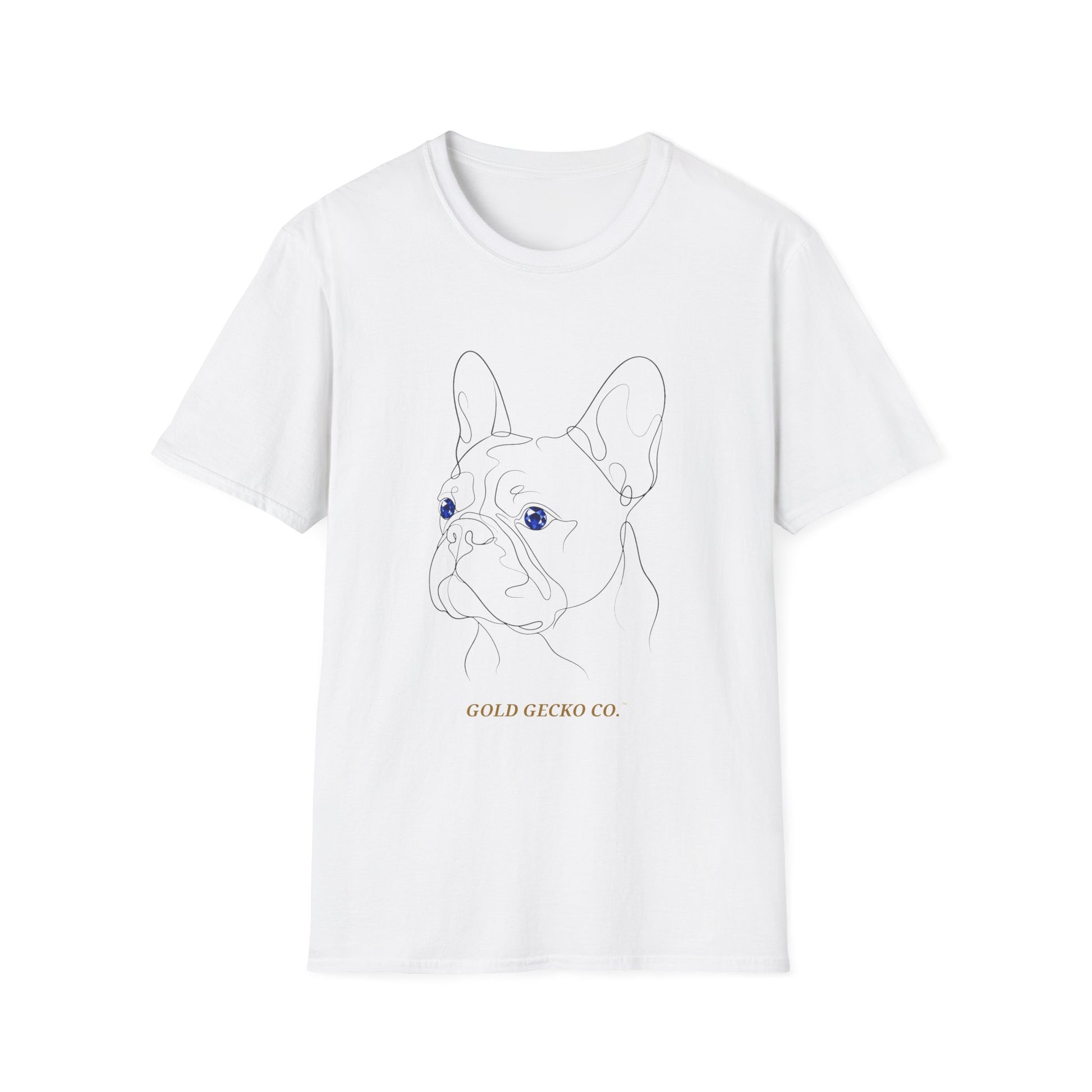 Sapphire French Bulldog single-line art with sapphire blue gem eye — Gold Gecko Co. Line & Gold collection (Light)
