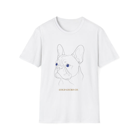 Sapphire French Bulldog single-line art with sapphire blue gem eye — Gold Gecko Co. Line & Gold collection (Light)