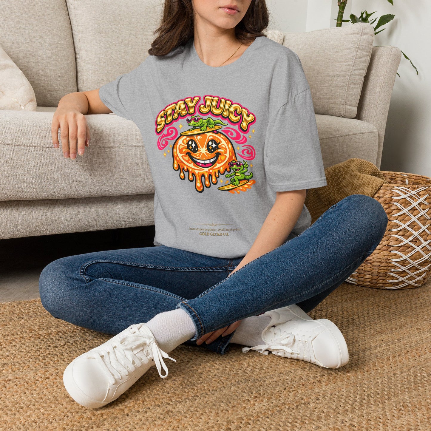 Stay Juicy retro chrome orange & gecko graphic t-shirt — Gold Gecko Co.