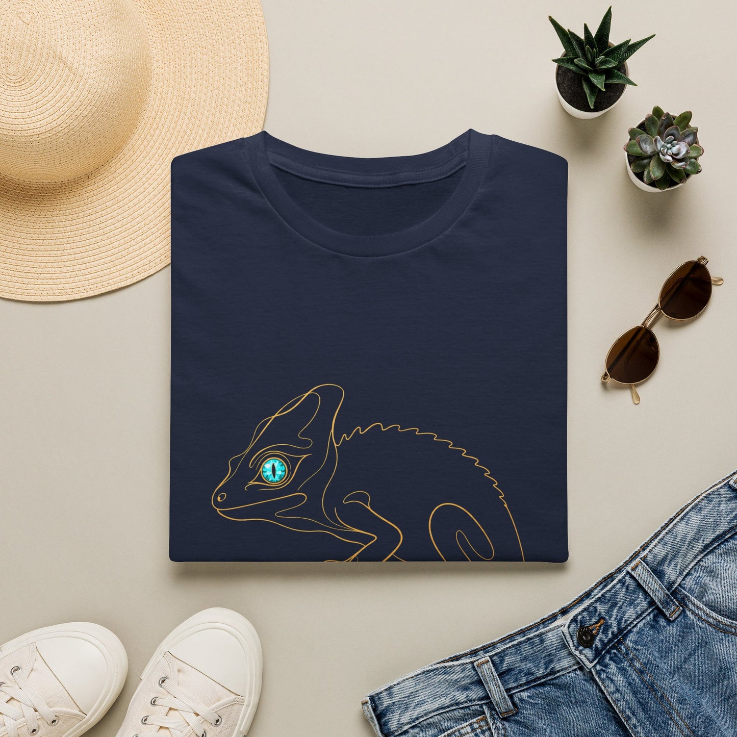 Turquoise Chameleon single-line art with turquoise gem eye — Gold Gecko Co. Line & Gold collection (Dark)