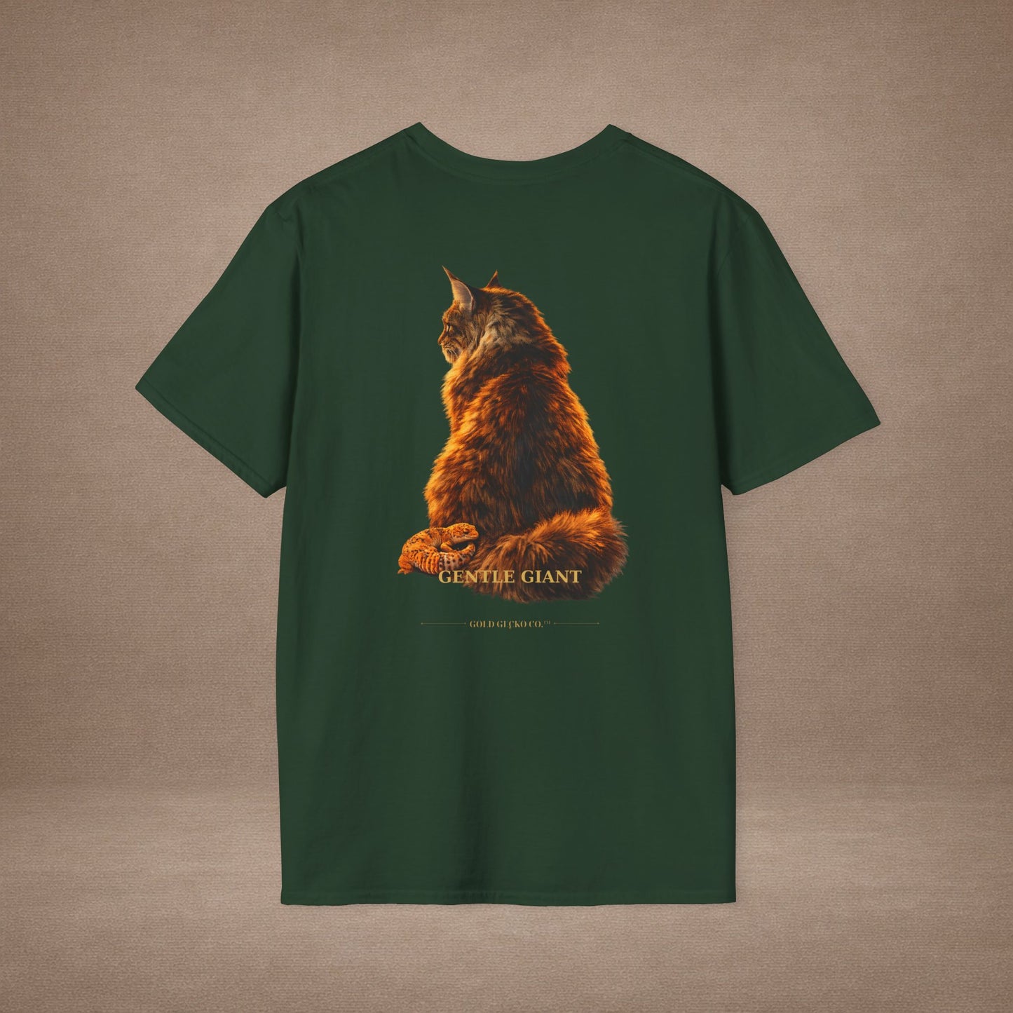Maine Coon — Gentle Giant — photoreal cat breed portraits paired with tiny gecko compani. Gold Gecko Co. Cats & Geckos collection.