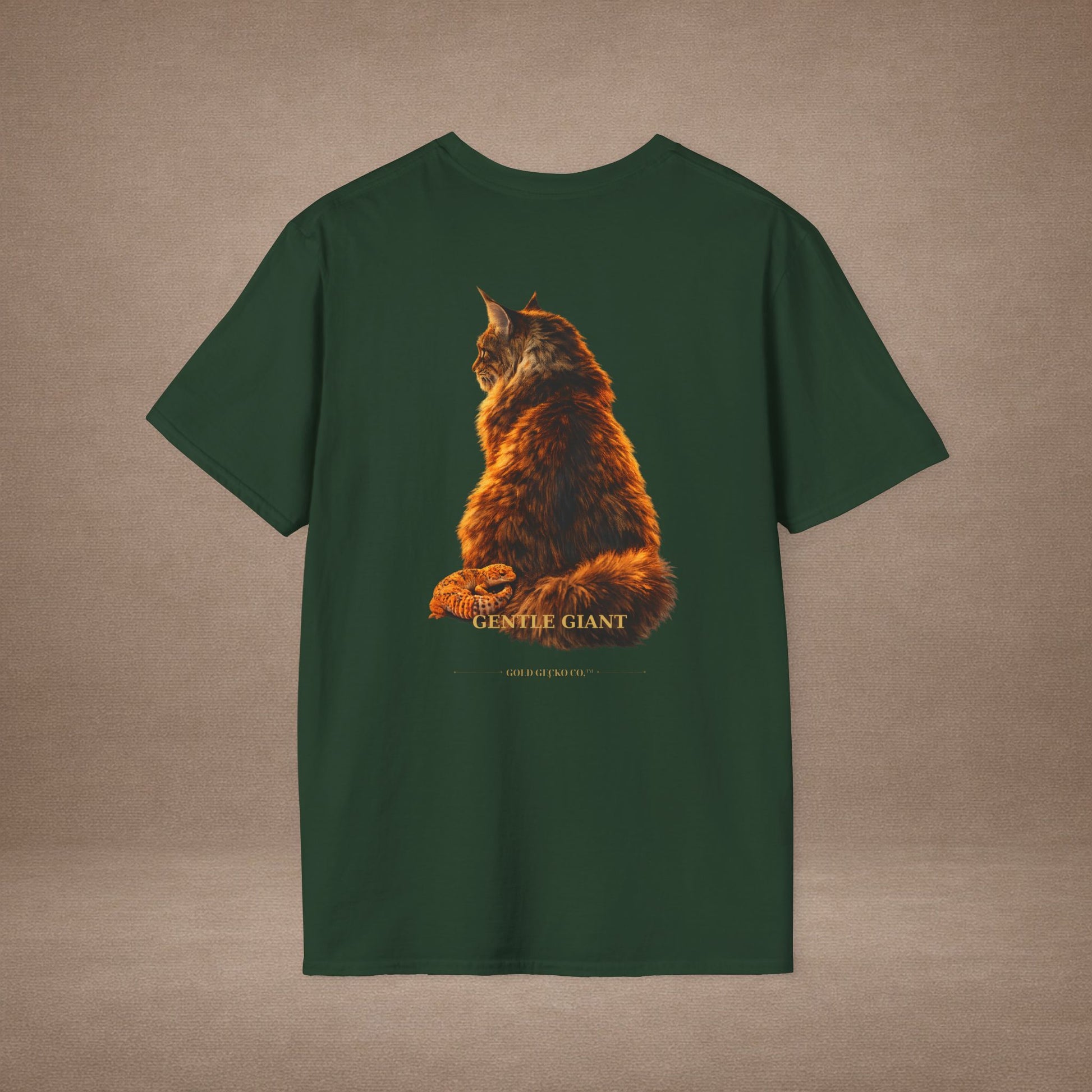 Maine Coon — Gentle Giant — photoreal cat breed portraits paired with tiny gecko compani. Gold Gecko Co. Cats & Geckos collection.