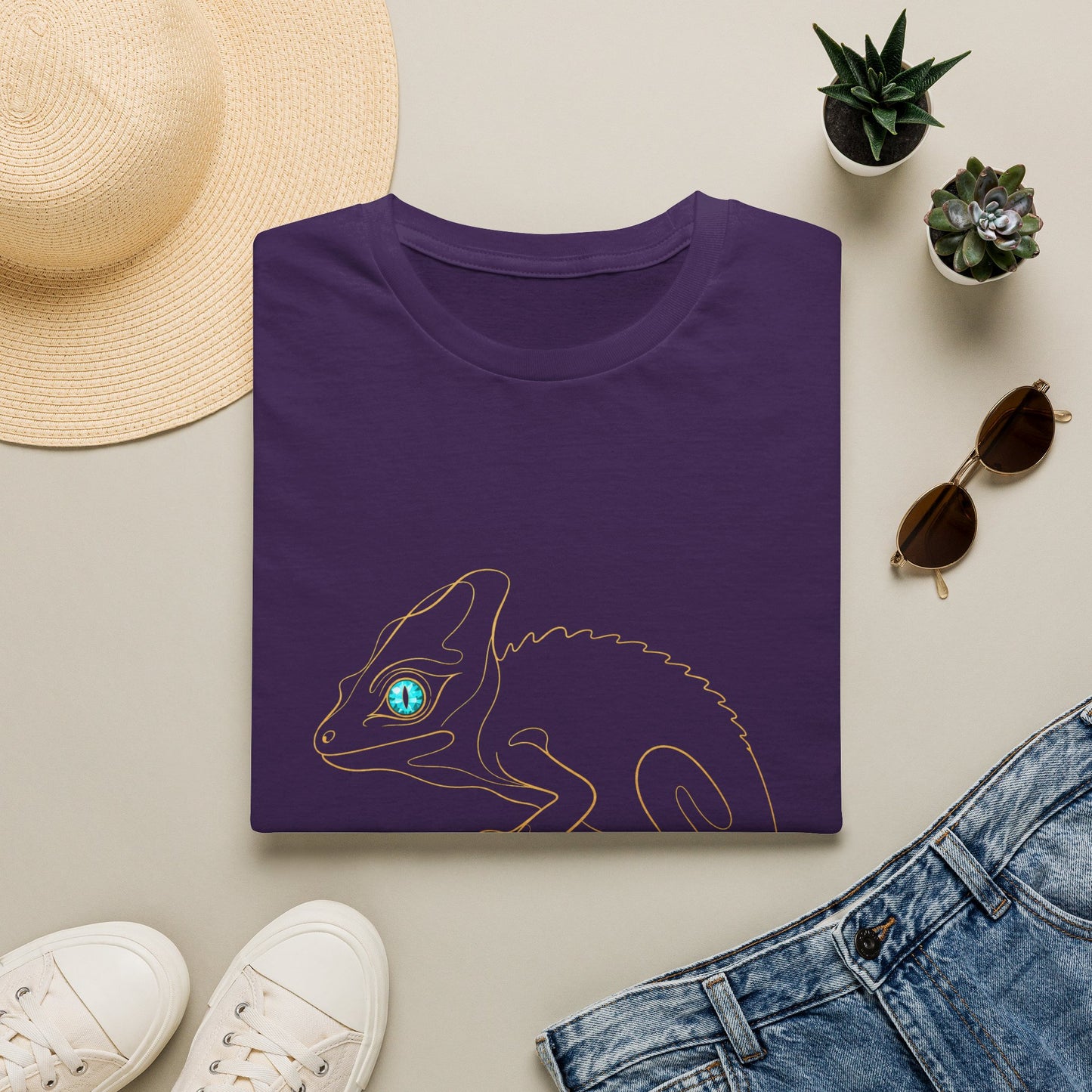 Turquoise Chameleon single-line art with turquoise gem eye — Gold Gecko Co. Line & Gold collection (Dark)