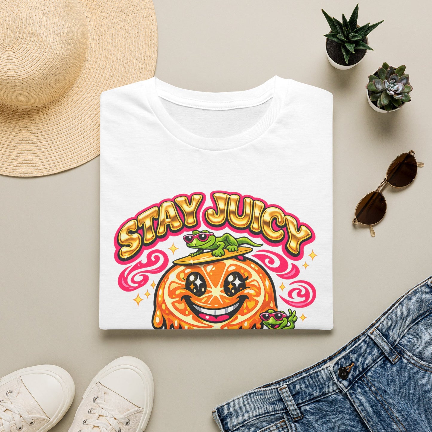 Stay Juicy retro chrome orange & gecko graphic t-shirt — Gold Gecko Co.